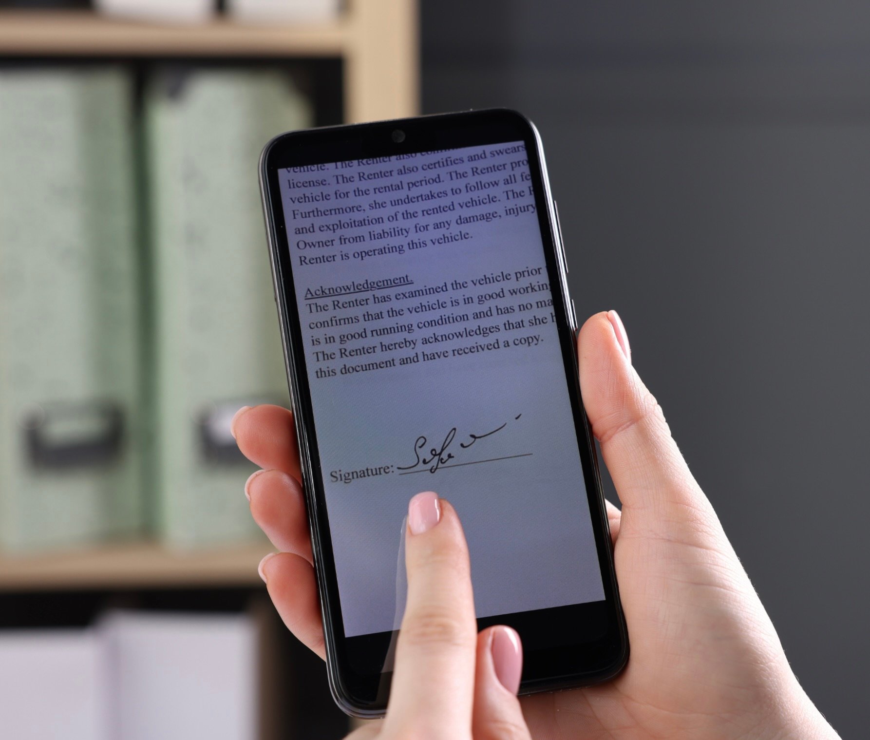 Signing on a screen with a finger