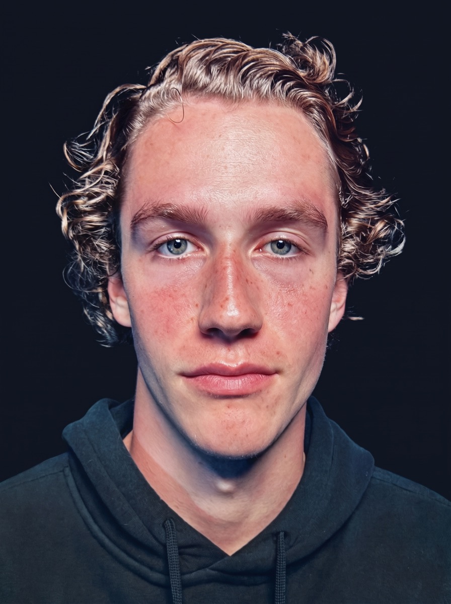 AI-generated fictional person: a young man with curly hair, the original selfie before the face swap