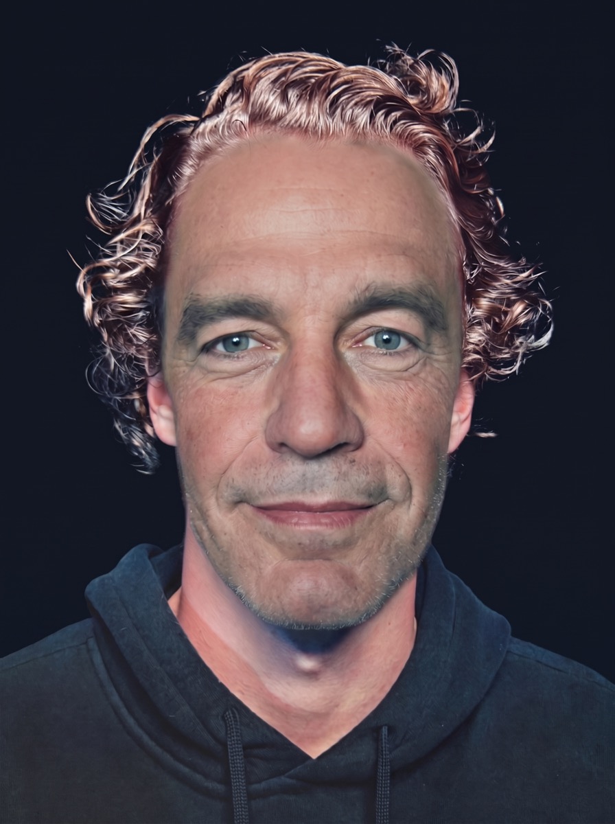 AI-generated fictional person: face swap, the same head and hair with an older man's face swapped in