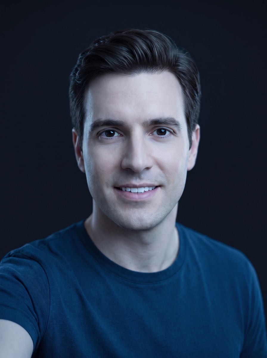 AI-generated fictional person: face synthesis, a man with a perfectly symmetric face and flawless skin, generated from nothing