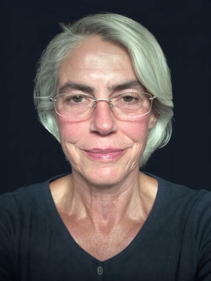 AI-generated fictional person: an older woman with glasses at the account opening step, her face puppeteered into an expression she never made